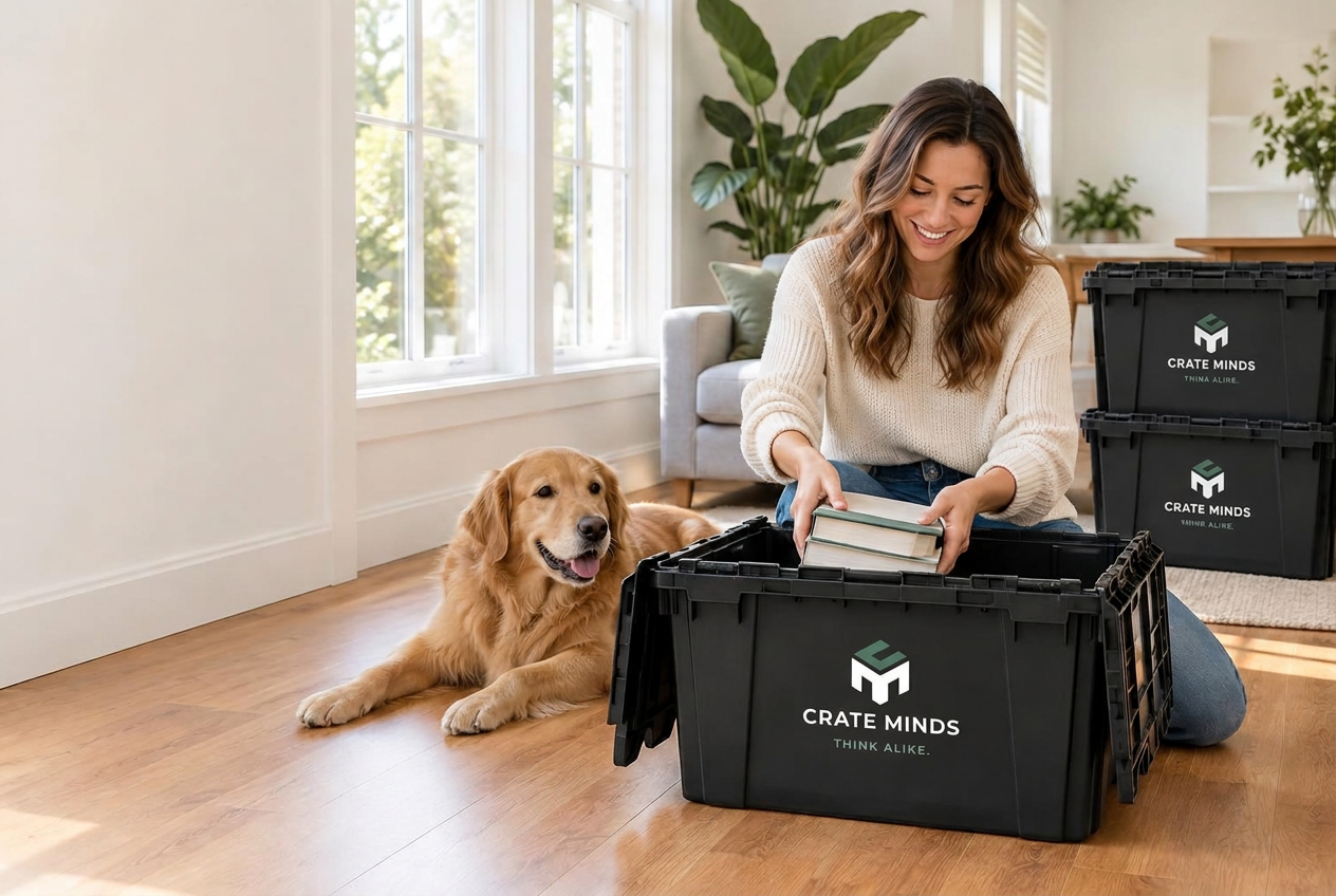 A smiling customer packing books into Crate Minds moving crates at home, with her dog beside her